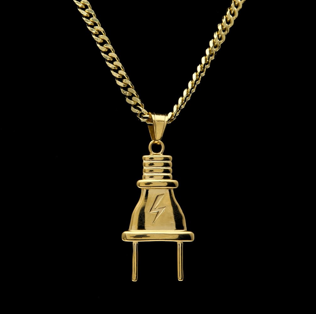 Plug Pendant With Cuban Link Chain Gold Necklace Men Jewelry-VESSFUL