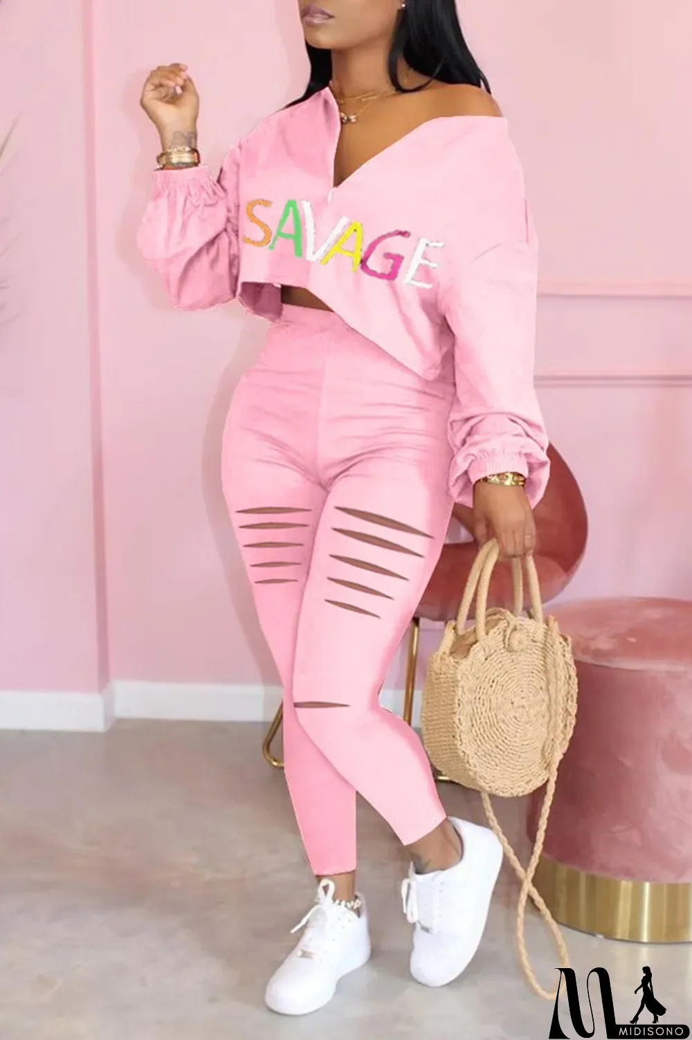 MidiSono - Pink Casual Letter Print Hole Straight Long Sleeve Two Pieces