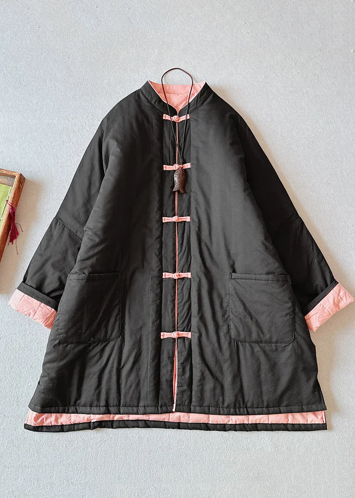 Black Pockets Chinese Button Fine Cotton Filled Womens Loose Coat Winter