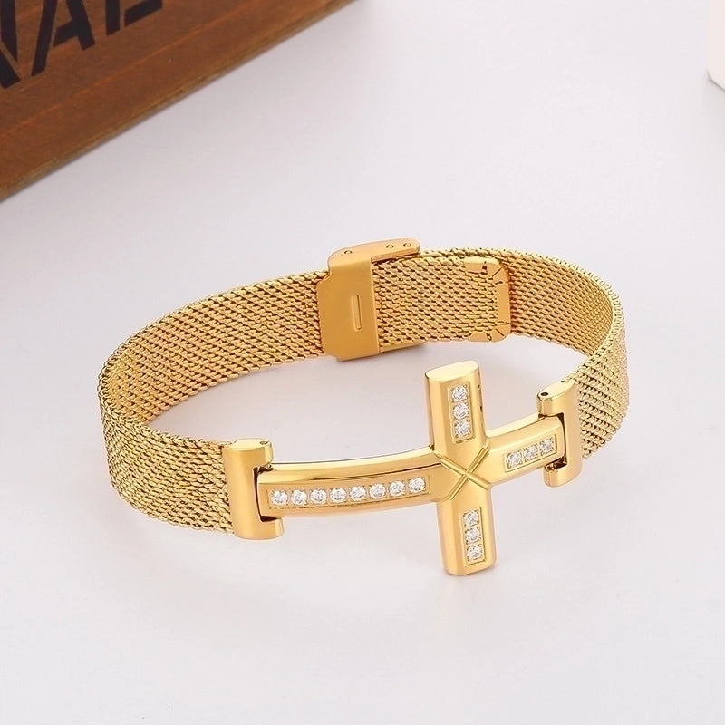 Retro Punk Cross Solid Color Titanium Steel Inlay Zircon 18K Gold Plated Men’S Bracelets