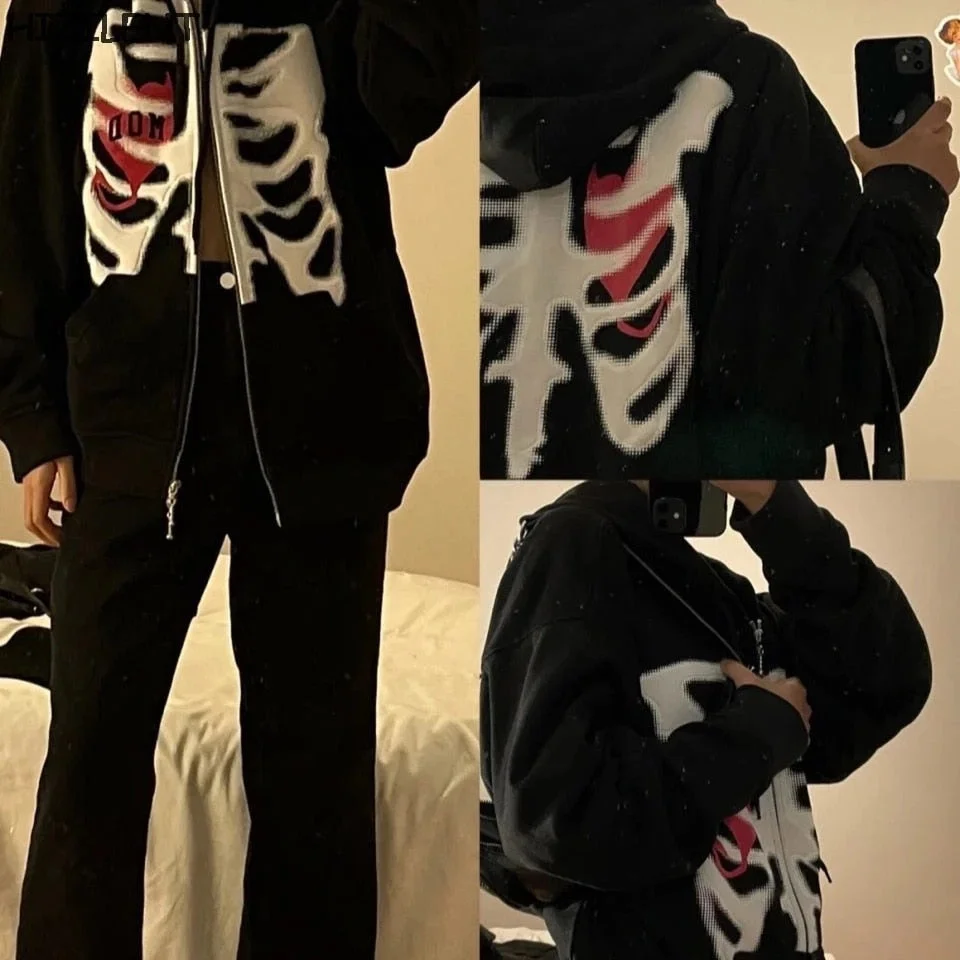 Y2K Harajuku Korean Style Loose Skull Print Goth Grunge Long-Sleeved Hooded Coat Retro Shirt Student E-girl Tops Zip-Up Hoodie
