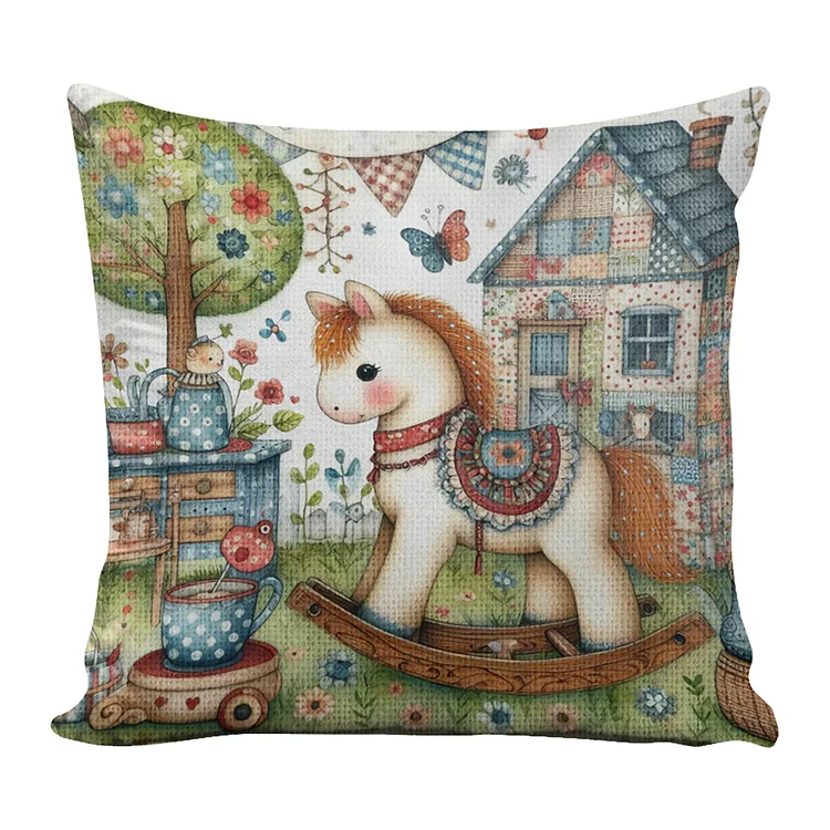 14CT Cotton Wooden Horse Cross Stitch Embroidery Pillowcase Crafts 33x33cm gbfke