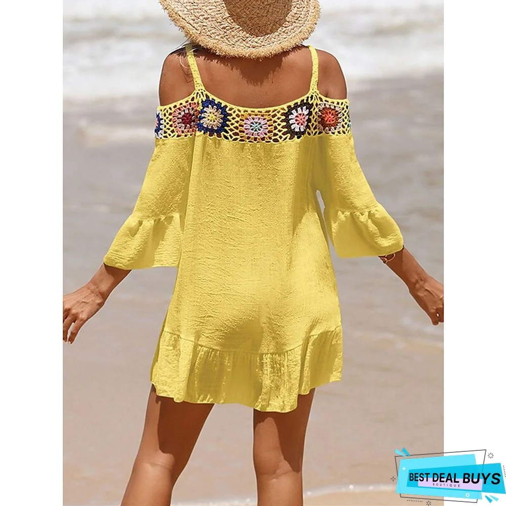 Women's Cover Up Beach Dress Beach Wear Mini Dress Ruffle Backless Ethnic Casual Floral Spaghetti Strap 3/4 Length Sleeve Loose Fit Outdoor Daily Black White 2023 Spring Summer One Size