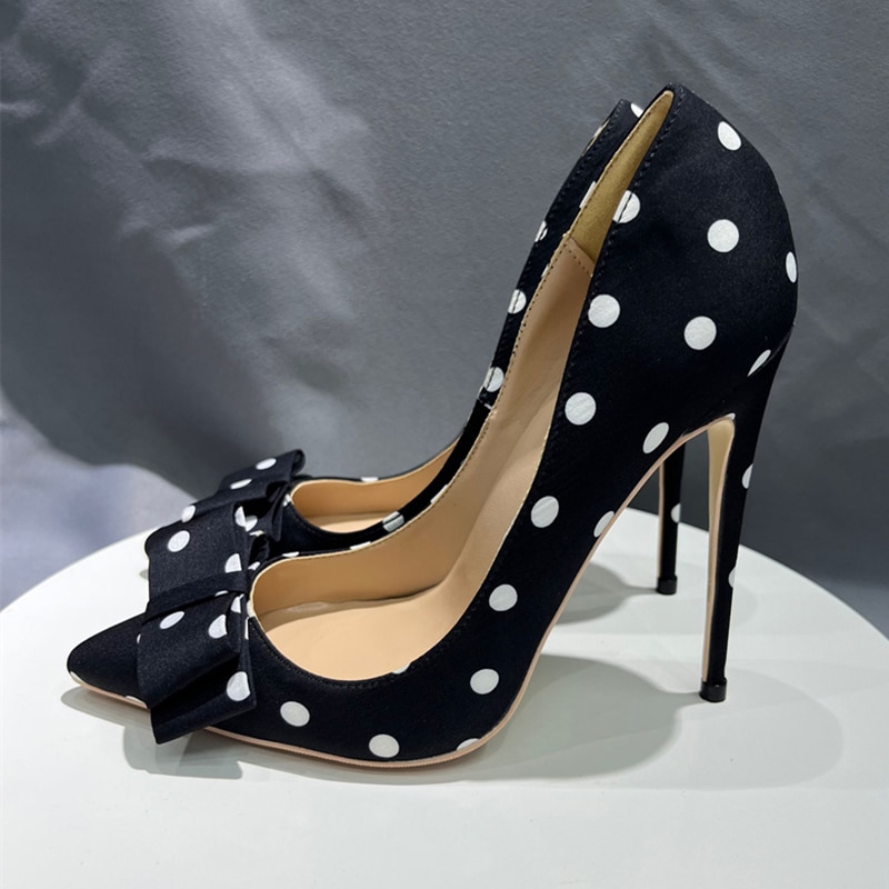 Polka Dot Women Black Satin Stiletto High Heels With Bowknot Chic Ladies Dress Shoes Pointed Toe Silk Pumps