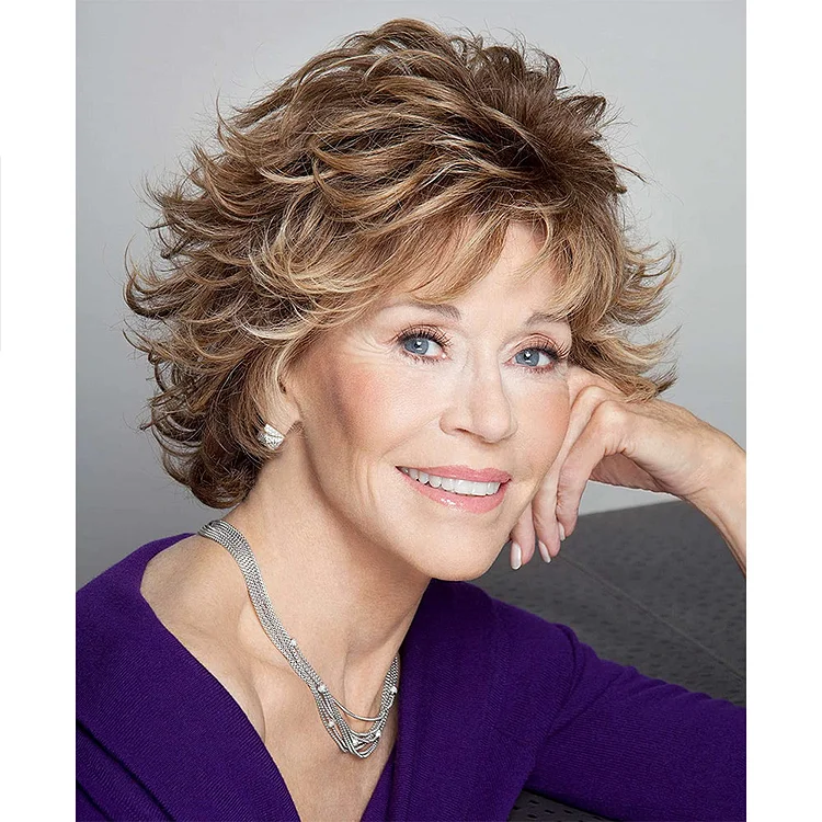 Short Brown Curly with Bangs Mixed Blonde Shaggy Layered Wigs