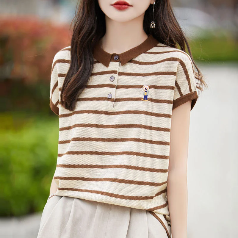Athvotar Athvotar Polo Collar Short-Sleeved T-Shirt Women's 2025 New Fine-Spinning Wool Embroidered Age-Down Knitted Vest Top