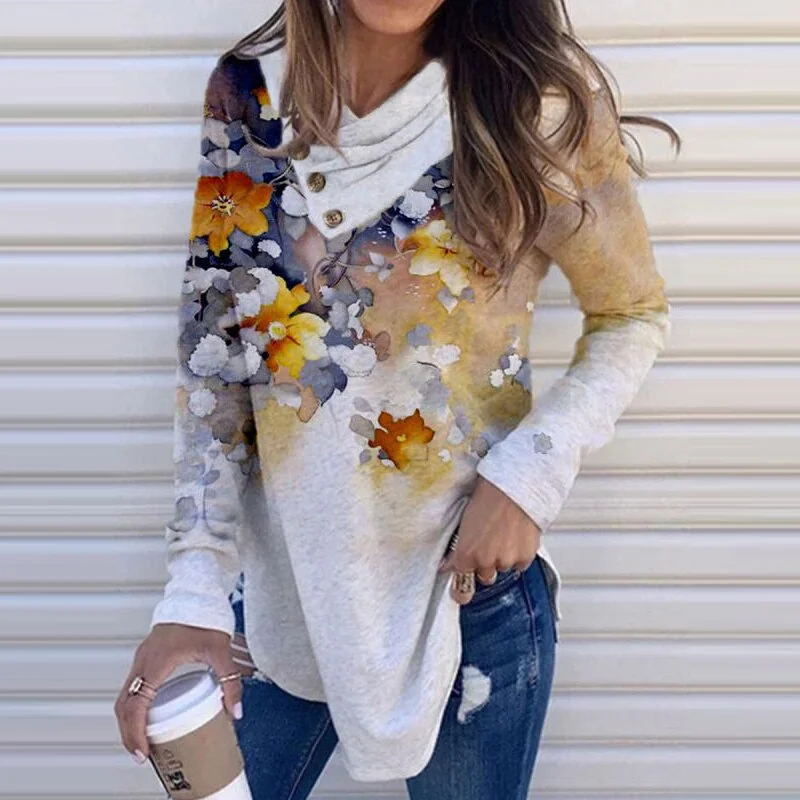 Floral Print Women V Neck Button Straight Blouse Elegant Office Lady Long Sleeve Pullover Tops Casual Autumn Female Slim Blusa