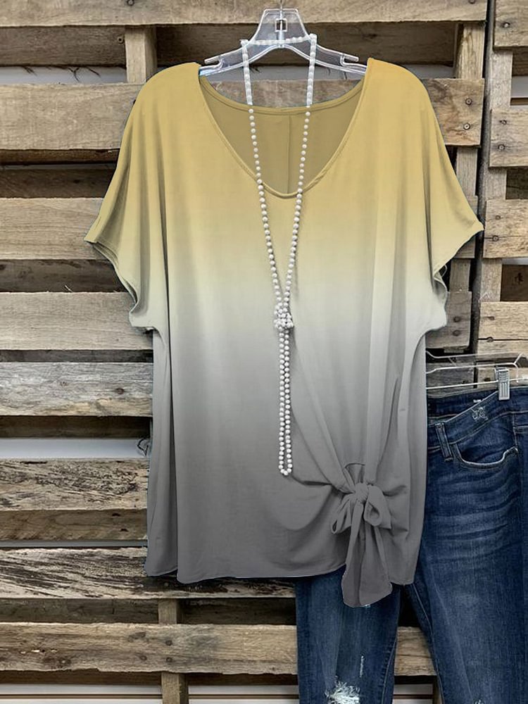 Casual v-neck yellow gradient short-sleeved top-Mayoulove