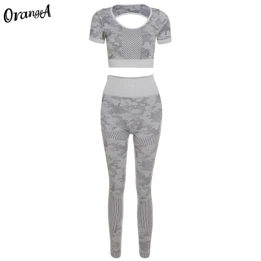 OrangeA Women Tracksuit Seamless 2Piece Set Backless Top Sporty Leggings Wide Waistband Matching Casual Soft Stretchy Streetwear