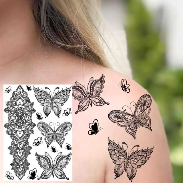 REJASKI Black Henna Lace Temporary Tattoos Sticker For WOmen Butterfly Moth Mehndi Flower Fake Tatoo Sticker Feather Flora Tatoo