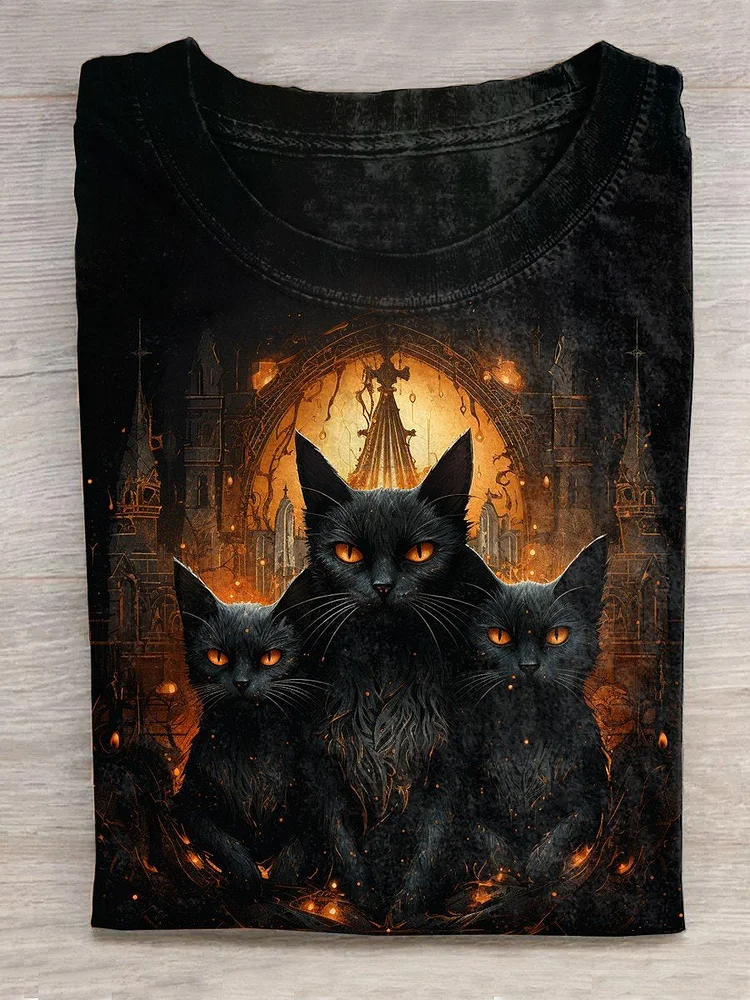Unisex Halloween Cat Print Casual T-Shirt
