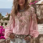 Vintage Pink Floral Embroidered Round Neck Linen T Shirt - Image 2