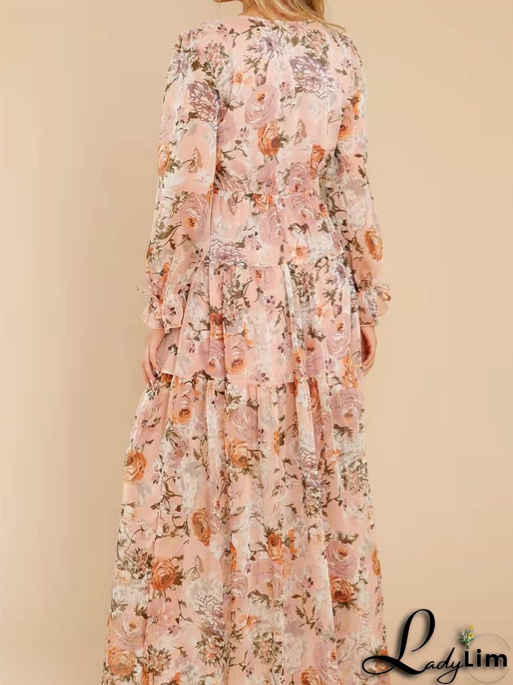 Women's Floral Printed Long Sleeve V-neck Maxi Dress