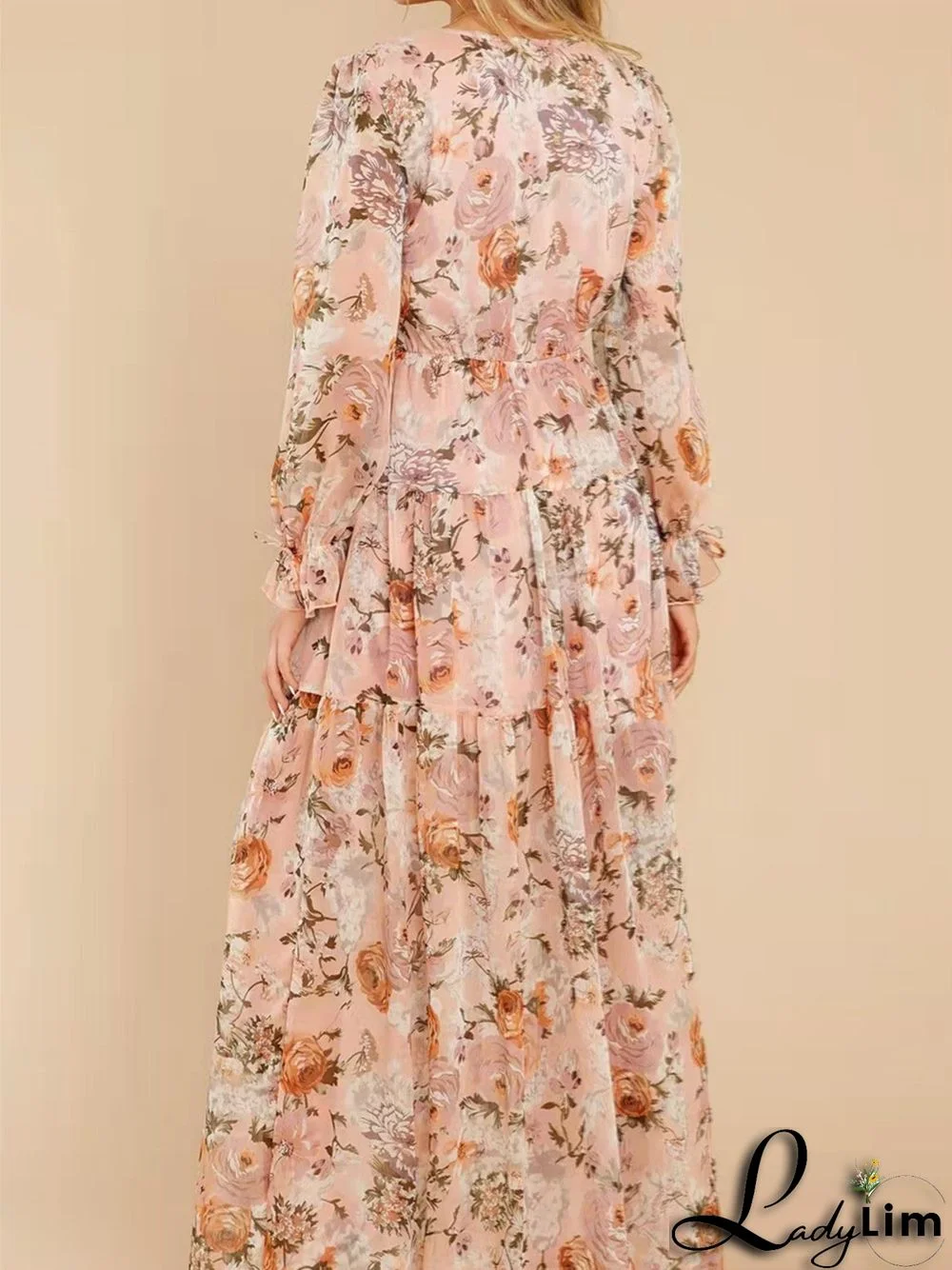 Women's Floral Printed Long Sleeve V-neck Maxi Dress