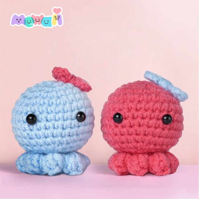 Cuteeeshop Kawaii Red and Blue Octopus Beginners Crochet Kit with Easy Peasy Yarn