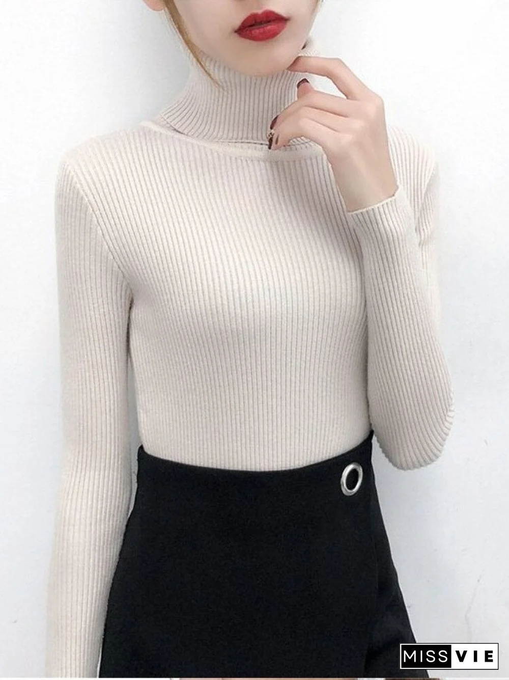 Autumn Winter Knitted Jumper Tops High-Neck Long-Sleeved Pullovers Solid Color Casual Sweaters Women Slimming Bottoming Shirt