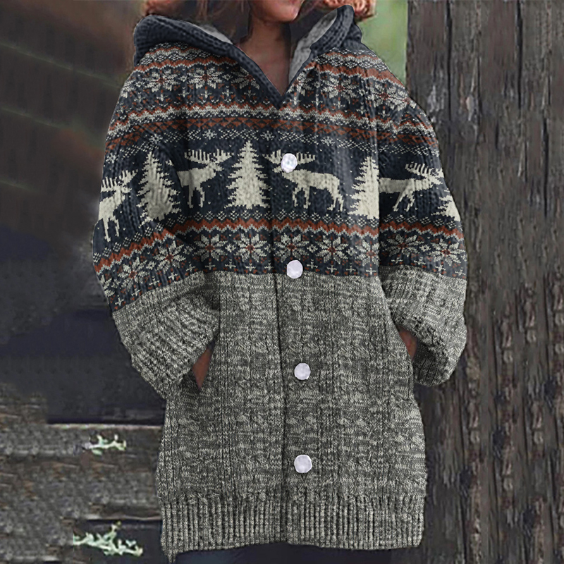Comstylish Vintage Merry Christmas Deer Graphic Print Pattern Cozy Hooded Cardigan