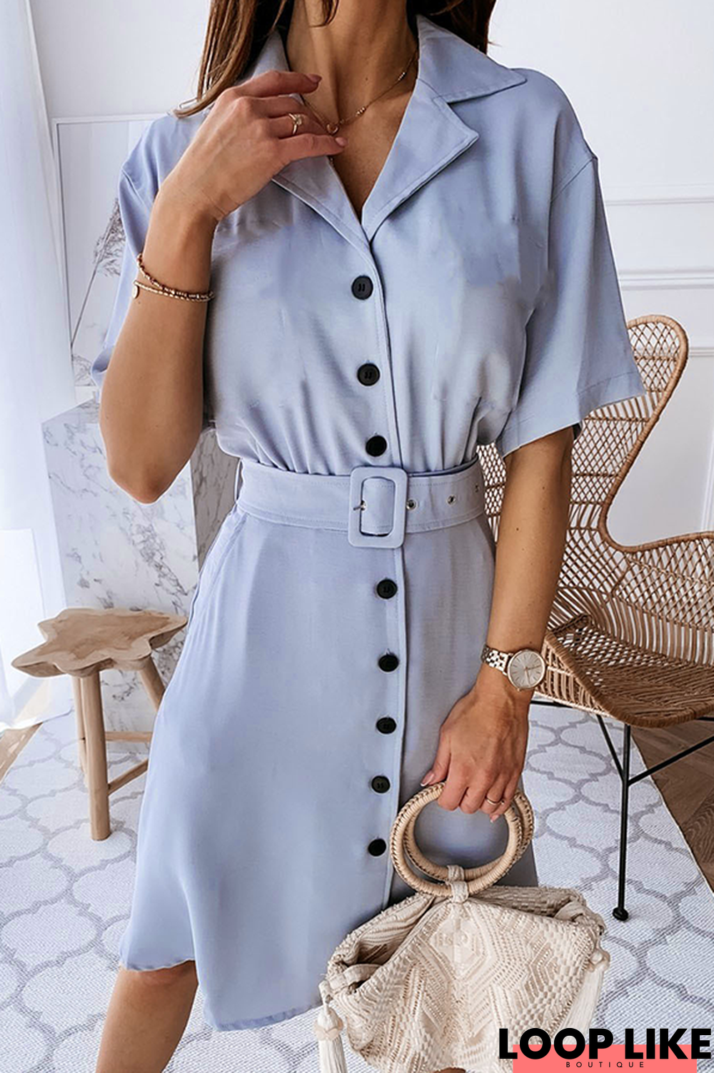 Casual Solid Buckle With Belt Turndown Collar Dresses(3 Colors)