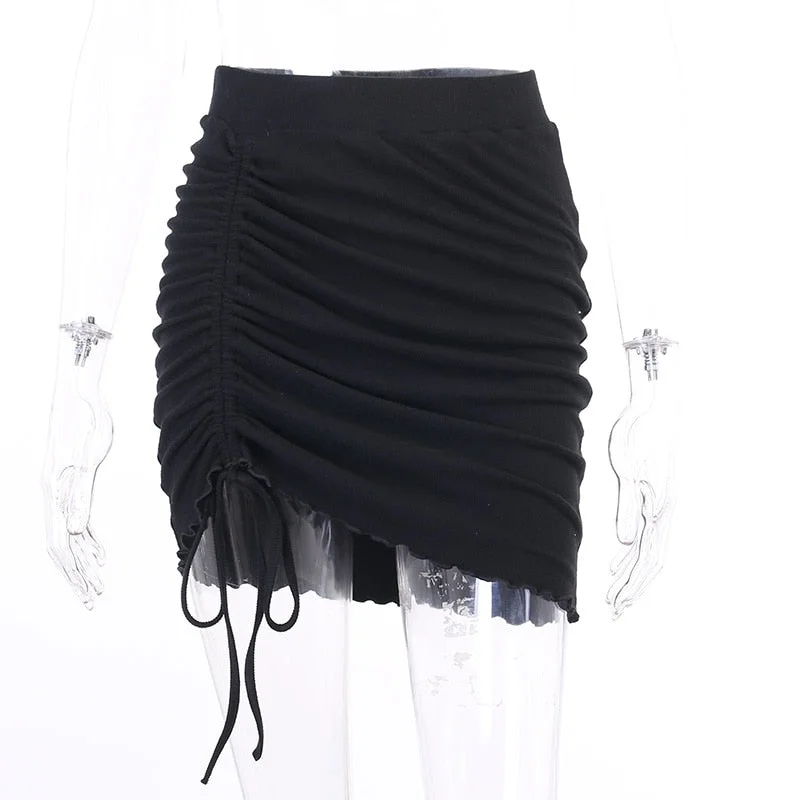 WannaThis Summer Ruched High Waist Mini Skirt Side Bow Lace up Pleated Skirt Women's Fashion Casual Sexy Solid Color Short Skirt