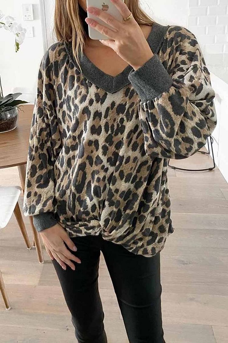V-neck Long Sleeve Leopard Print Pullover Tops