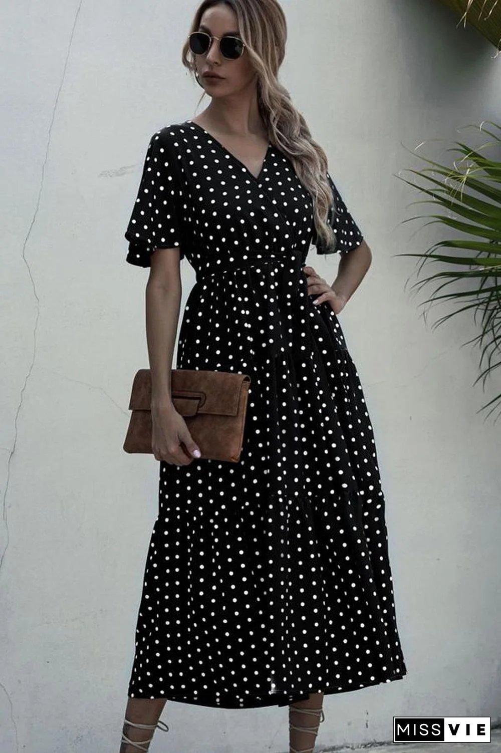 Short Sleeve Dots Print V Neck Maxi Dress