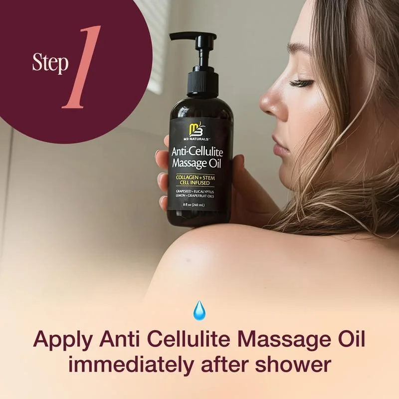 M3 Naturals Cellulite Massage Oil 8oz - Smooth the Appearance of Cellulite - Body Care & Skin Care Massage Oil - Topical Collagen and Plant Stem Cell Body Oil to Restore Texture and Elasticity - Soothing Body Oil