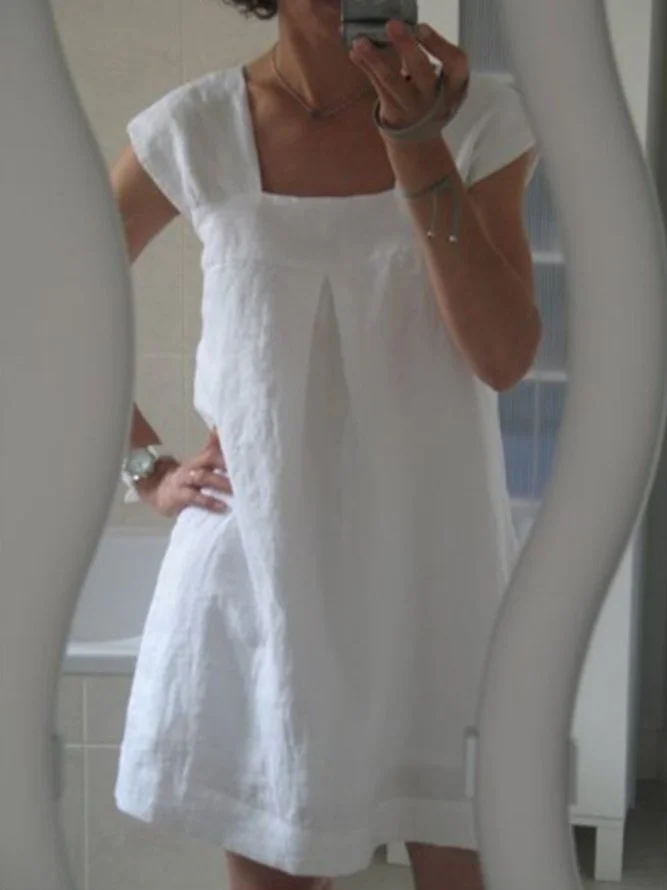 White Short Sleeve Shift Solid Dresses Zaesvini