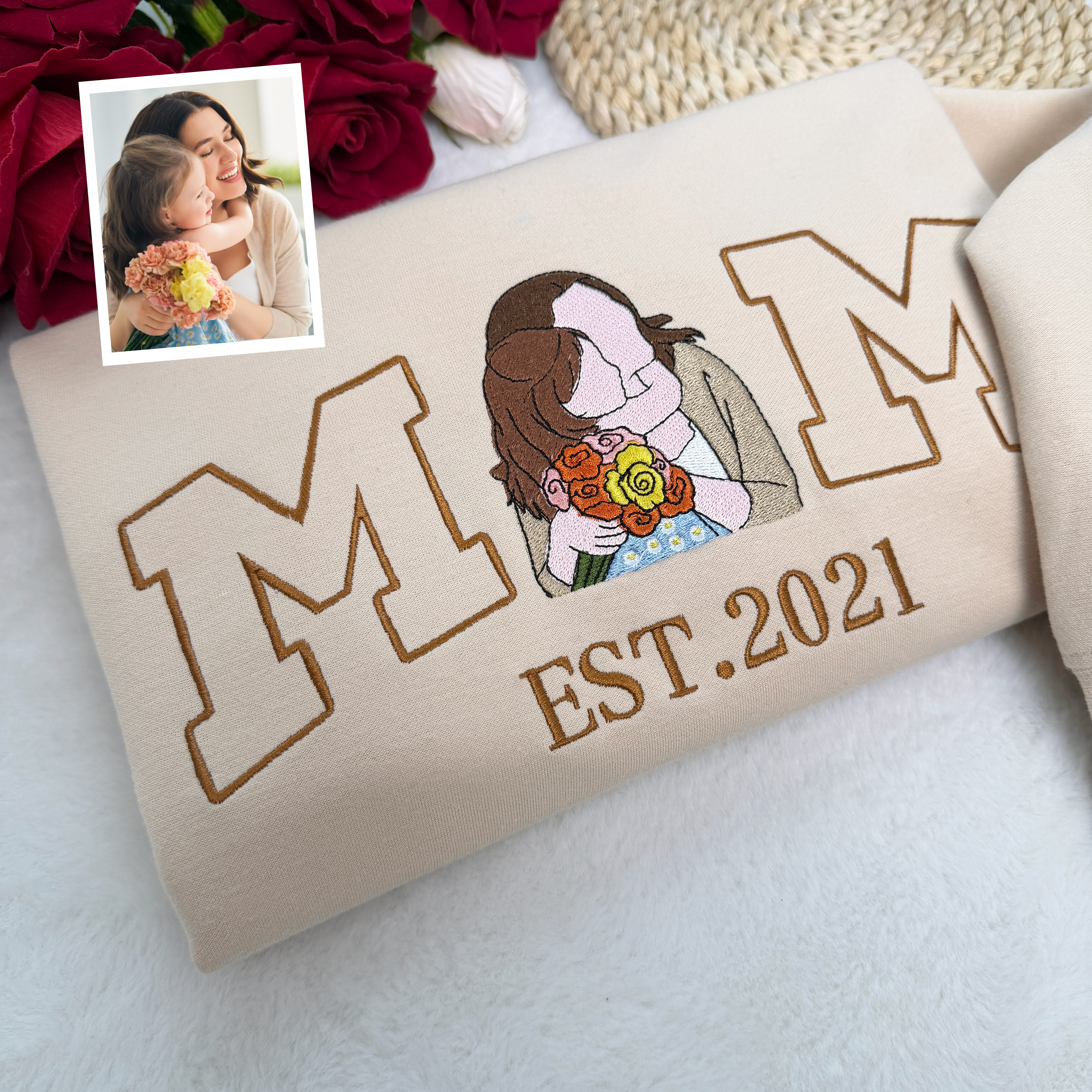 Mama,Mum T-shirt with Photo, Custom Embroidered Sweatshirt Mama and Kids Portrait.