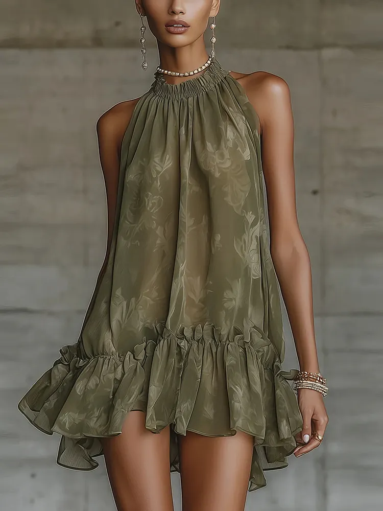 Olive Green Floral Halter Neck Ruffle Mini Dress