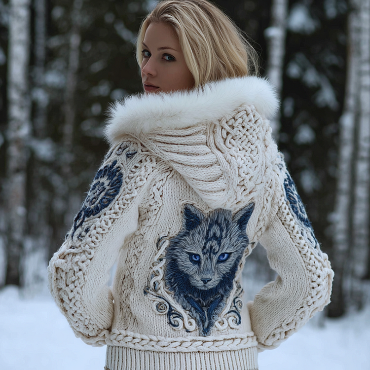 Viking Retro Style Cat Embroidery Pattern Women's Knit Hooded Sweater Jacket