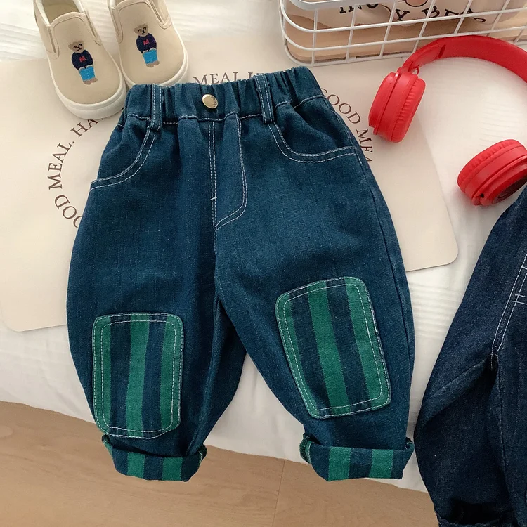 Toddler Boy Patch Striped Casual Denim Pants