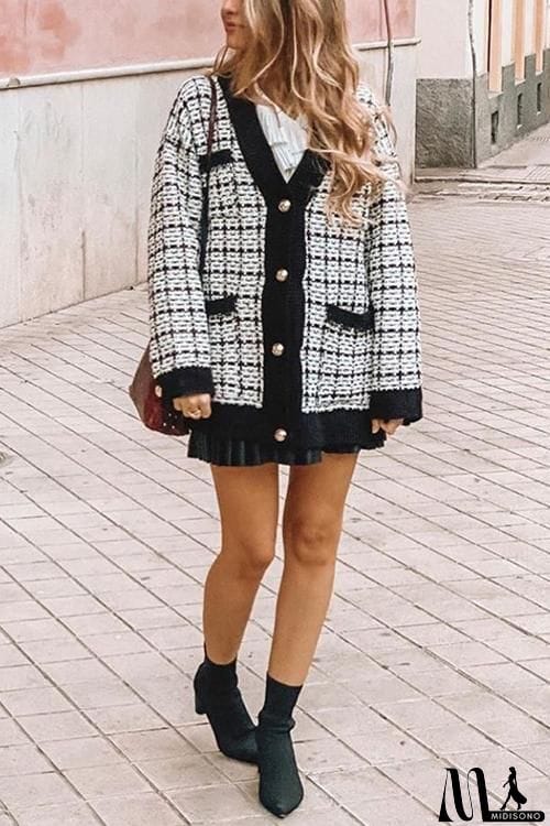 MidiSono - Pockets Button Plaid Cardigan