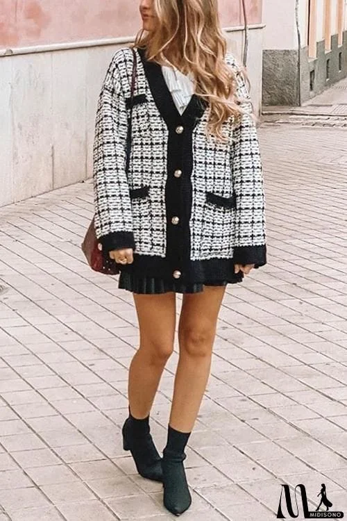 MidiSono - Pockets Button Plaid Cardigan