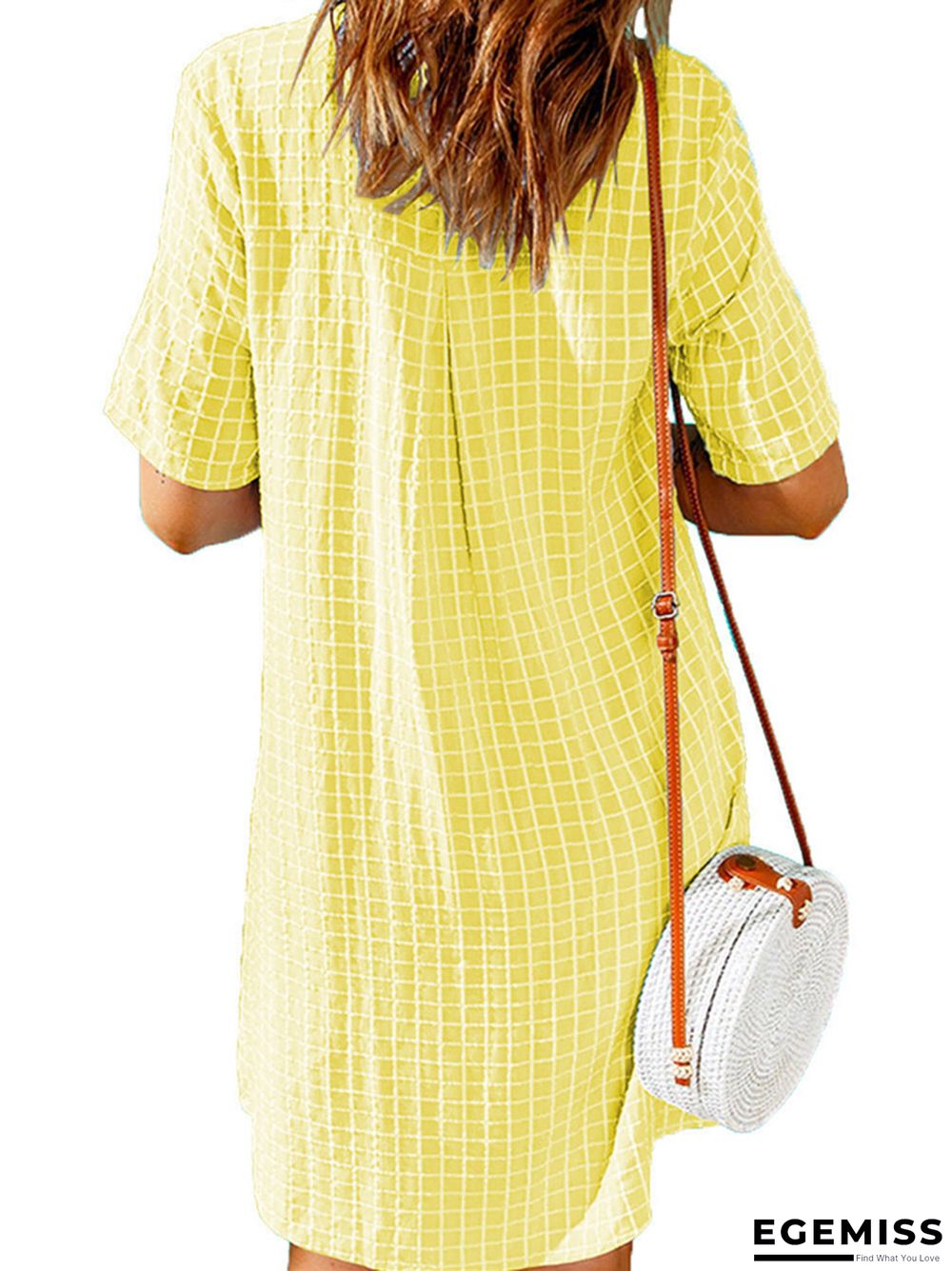 Women's Casual Shirt Short Skirt Lapel Plaid Loose Short Sleeve Dress White Dress | EGEMISS