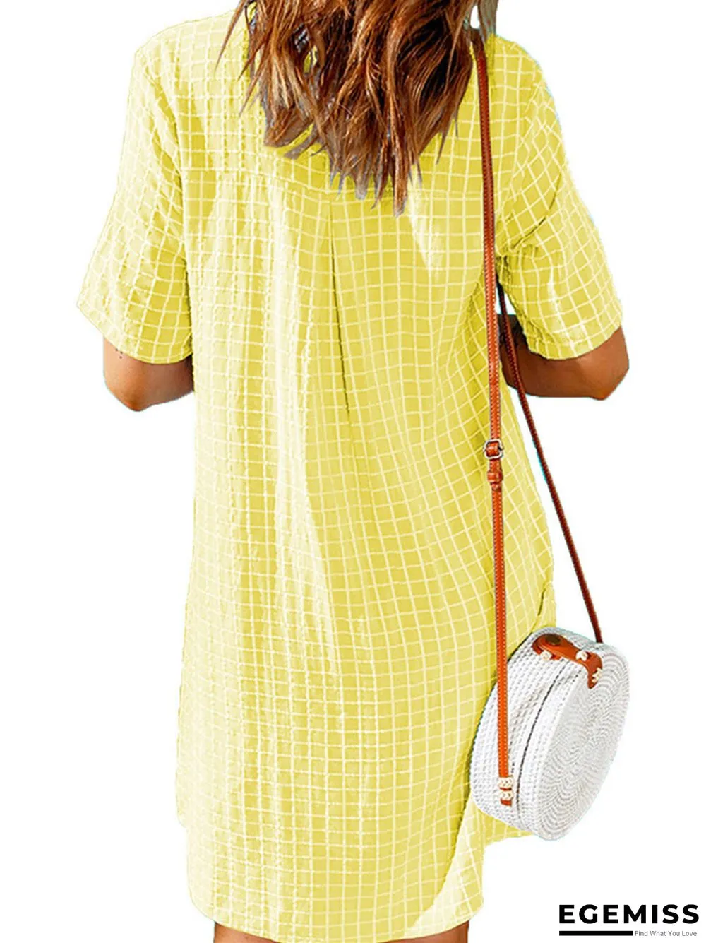 Women's Casual Shirt Short Skirt Lapel Plaid Loose Short Sleeve Dress White Dress | EGEMISS