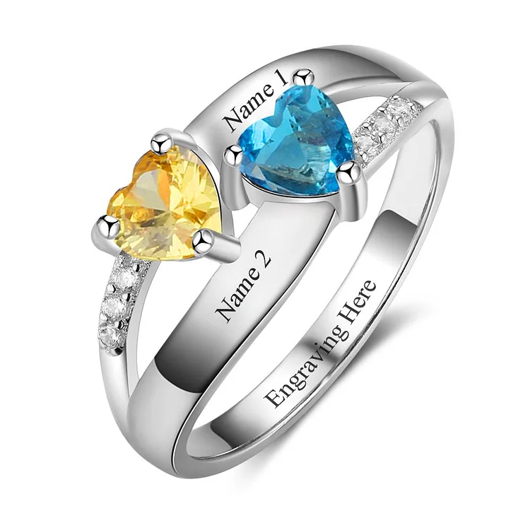 Double Heart Birthstone Promise Ring Personalized with 2 Stones Engrave 2 Names Custom Mother Ring
