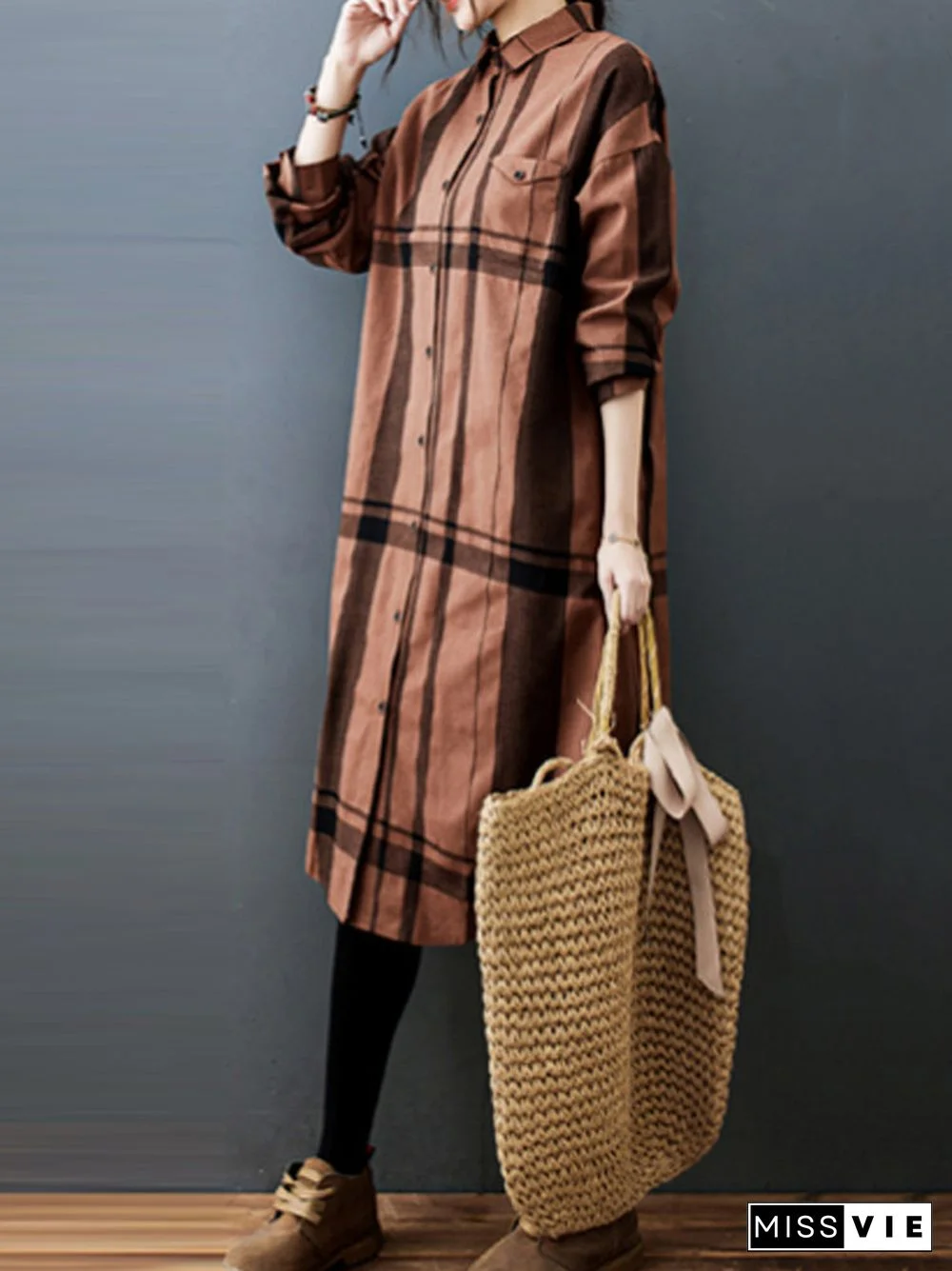 Vintage Solid Long Sleeve Pleats Blouse Shirt Dress