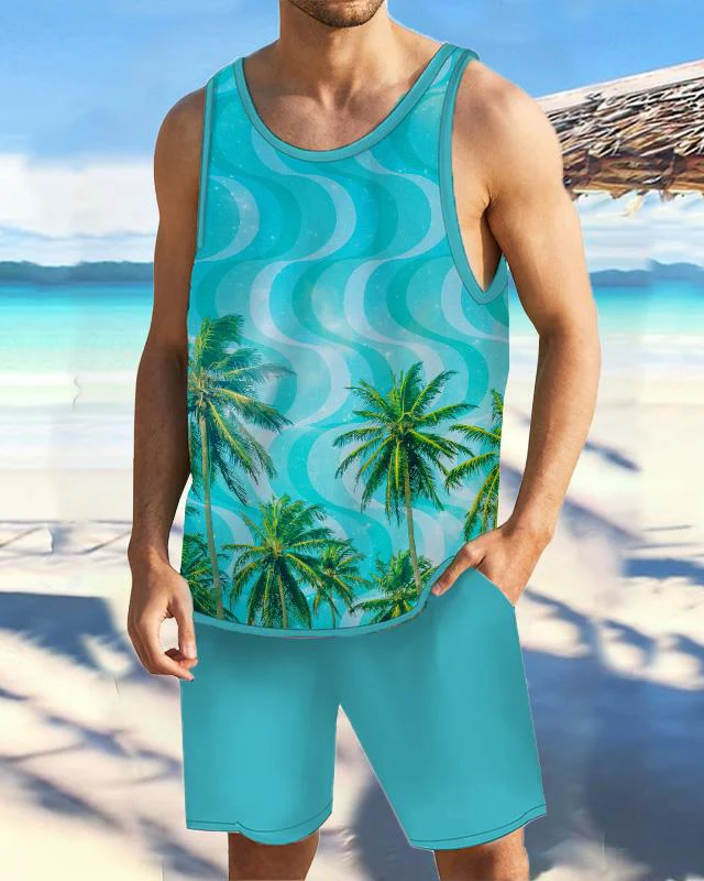 Men's Casual Resort Printed Vest Set 034
