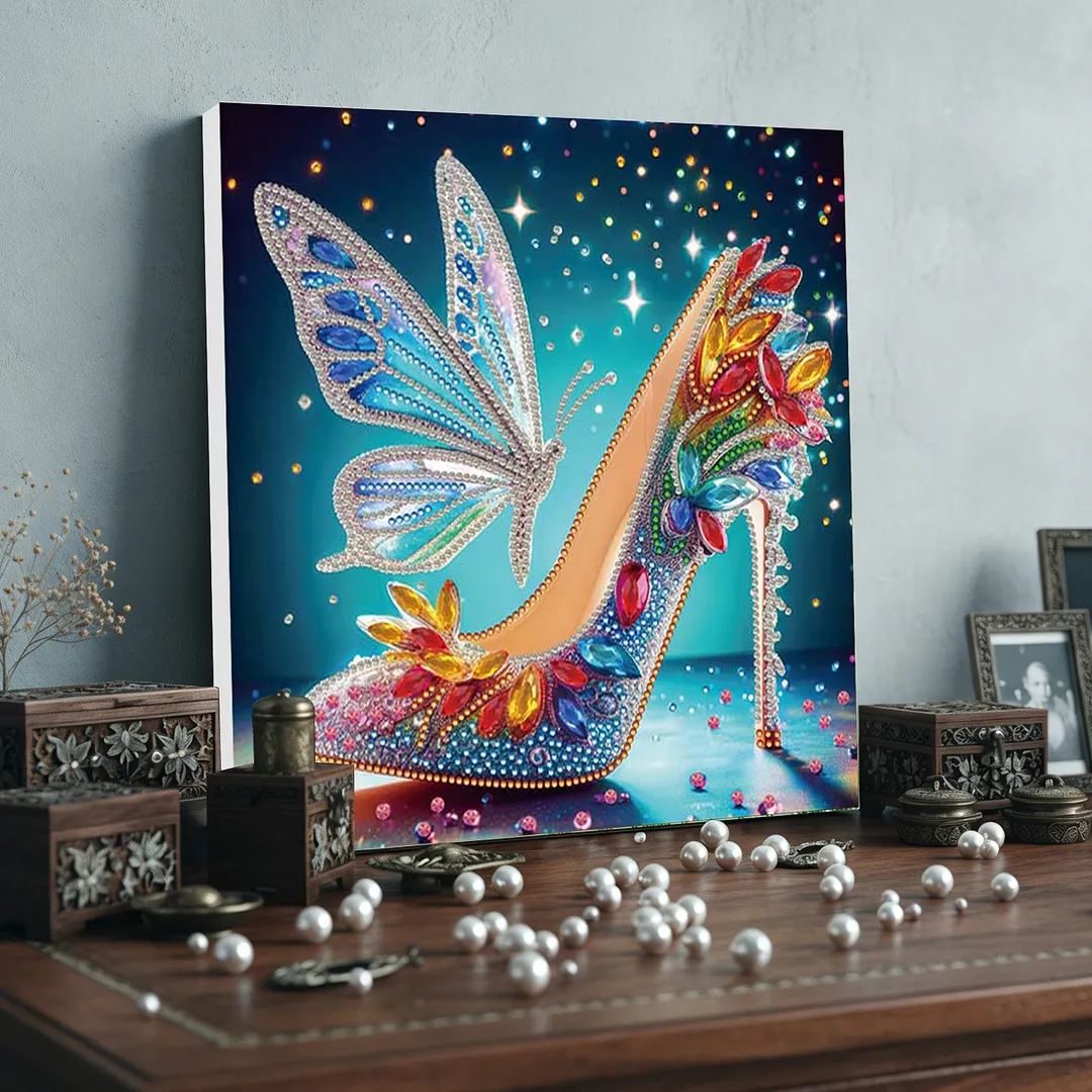 High Heel DIY Special Shape Drill Art Craft Pearl Diamond Painting with Frame 25x25cm Diamond Art Pearl Painting Kit for Adults Beginners Home Decor