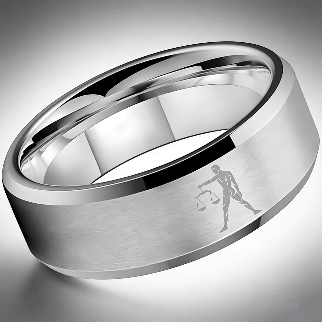 Beveled Edges Sliver Laser Etched Couple Wedding Bands Sliver Libra Tungsten Carbide Rings 4MM 6MM 8MM