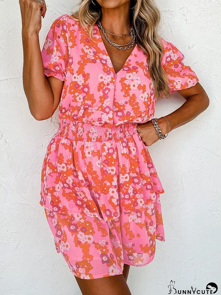 Pink Blossom Ruffle Tiered Mini Dress