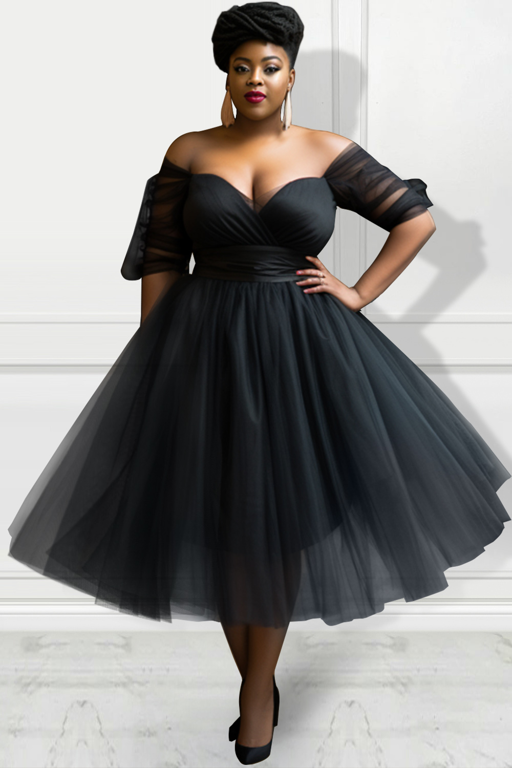 Design Plus Size Party Elegant Black Off The Shoulder Half Sleeve See Through Mesh Midi Dresses [Pre-Order]