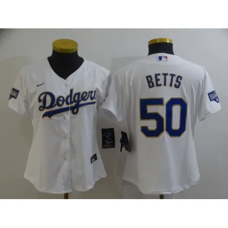 Women's Los Angeles Dodgers #50 Mookie Betts White Gold Championship Cool Base Stitched Jersey(Run Small) RO87