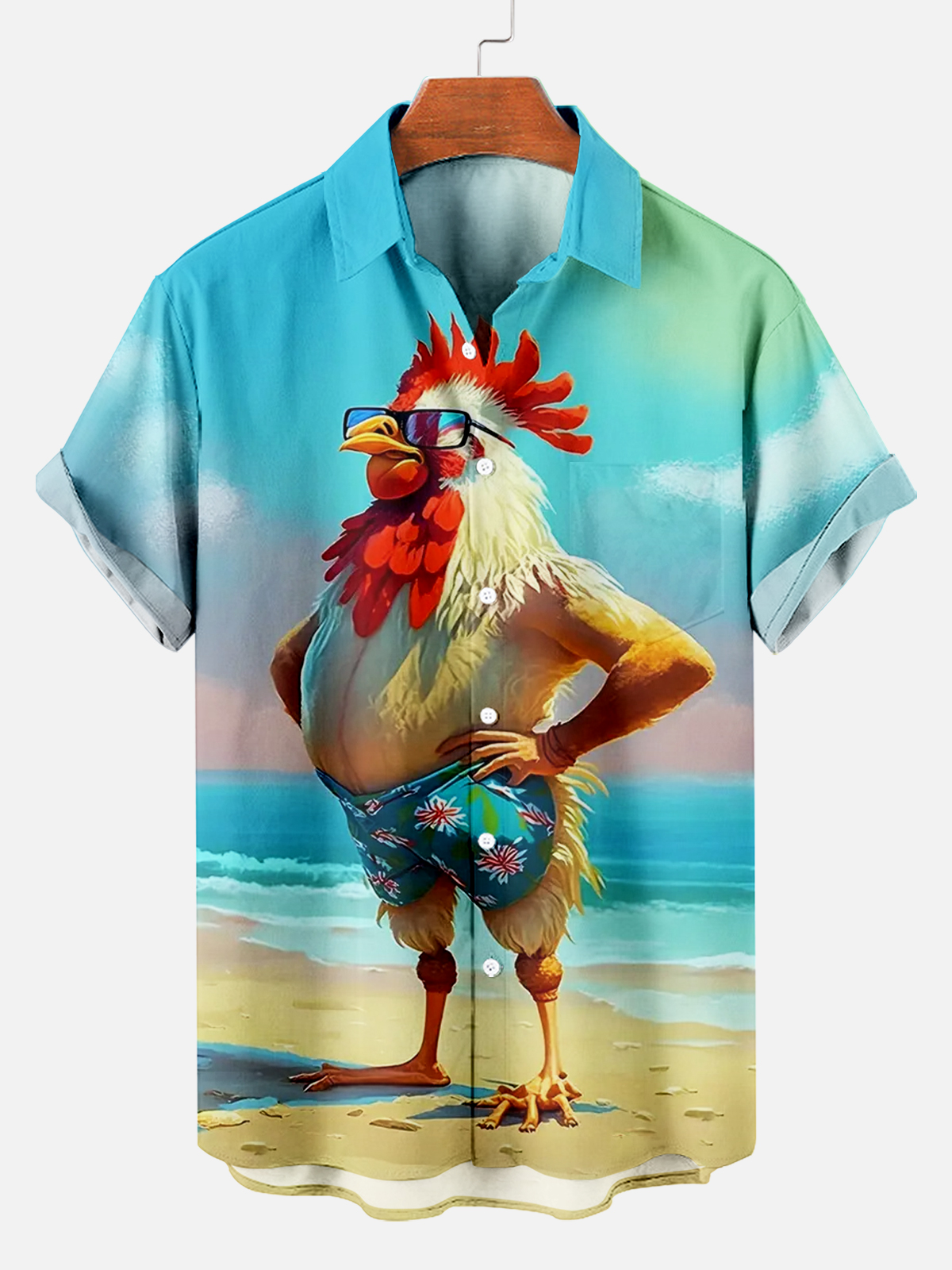 Rooster Beach Hawaii Casual Breast Pocket Short Sleeve Shirt PLUSCLOTHESMAN