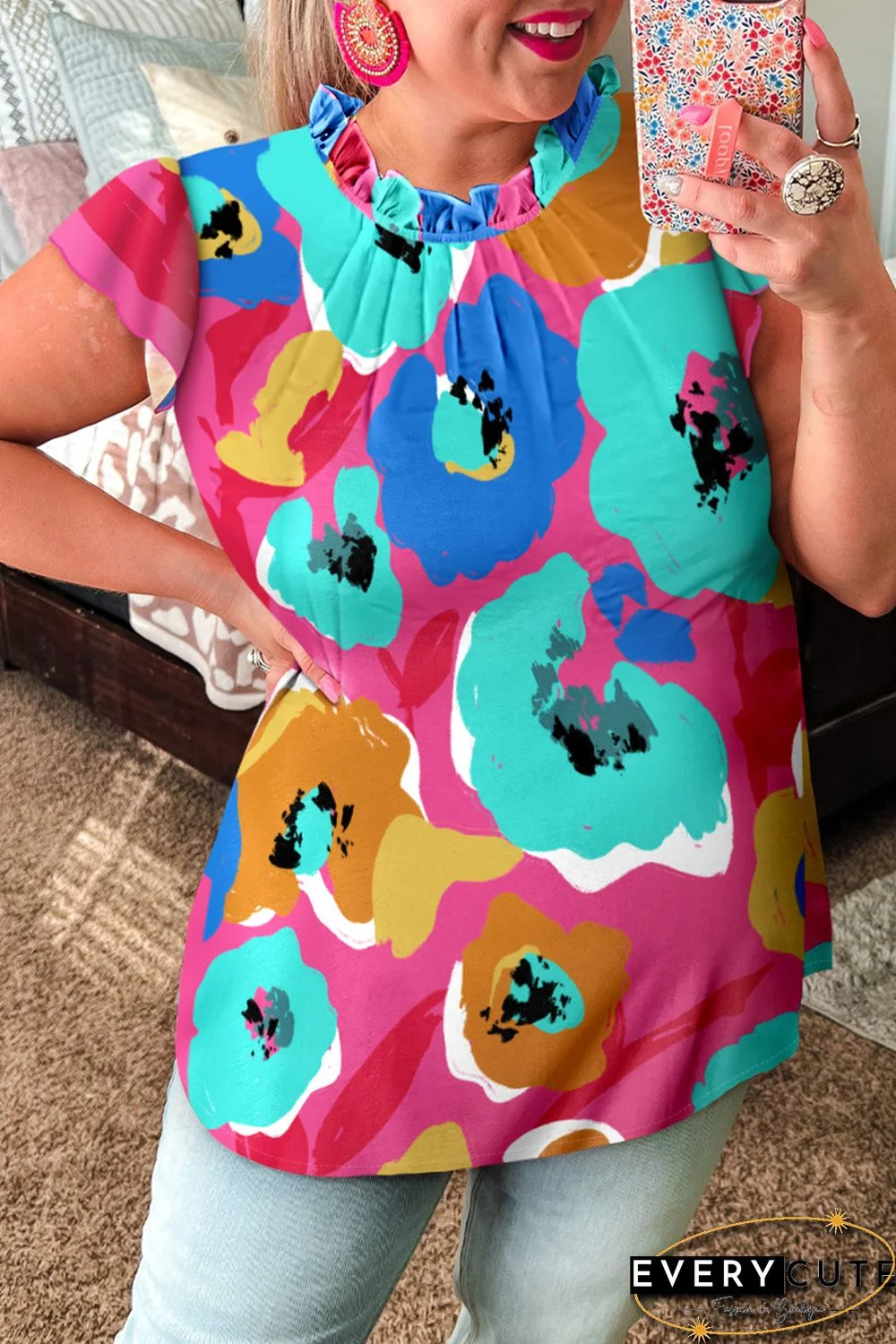 Multicolor Plus Size Watercolor Floral Print Frill Neck Blouse