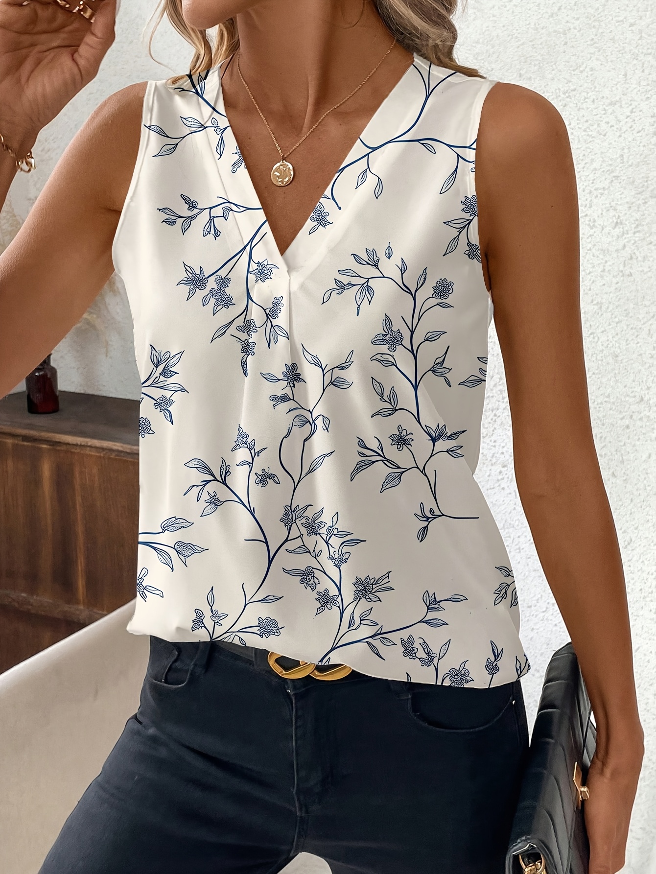 Women's Elegant Casual Sleeveless V-Neck Blouse - Blue Floral Branch Print On White, Machine Washable Lightweight Top For Spring Summer Fall, Versatile For Casual & Formal Wear, Floral Print Blouse, Seasonal Fashion, Middle Eastern Style, Comfortable Fit | IFYHOME