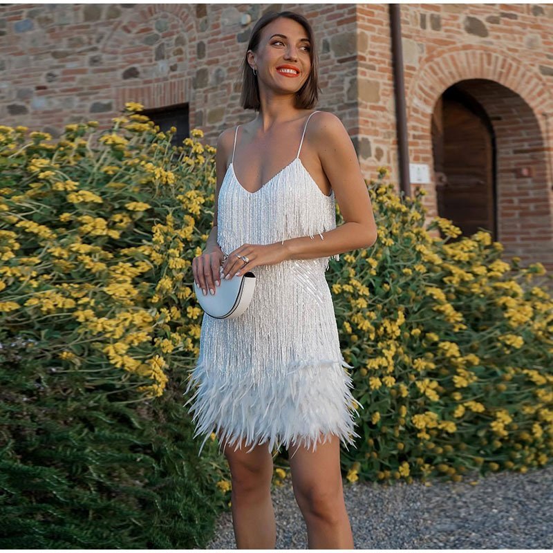 Women's Feather Fringe Sequin Spaghetti Strap Dress – zebrasisi