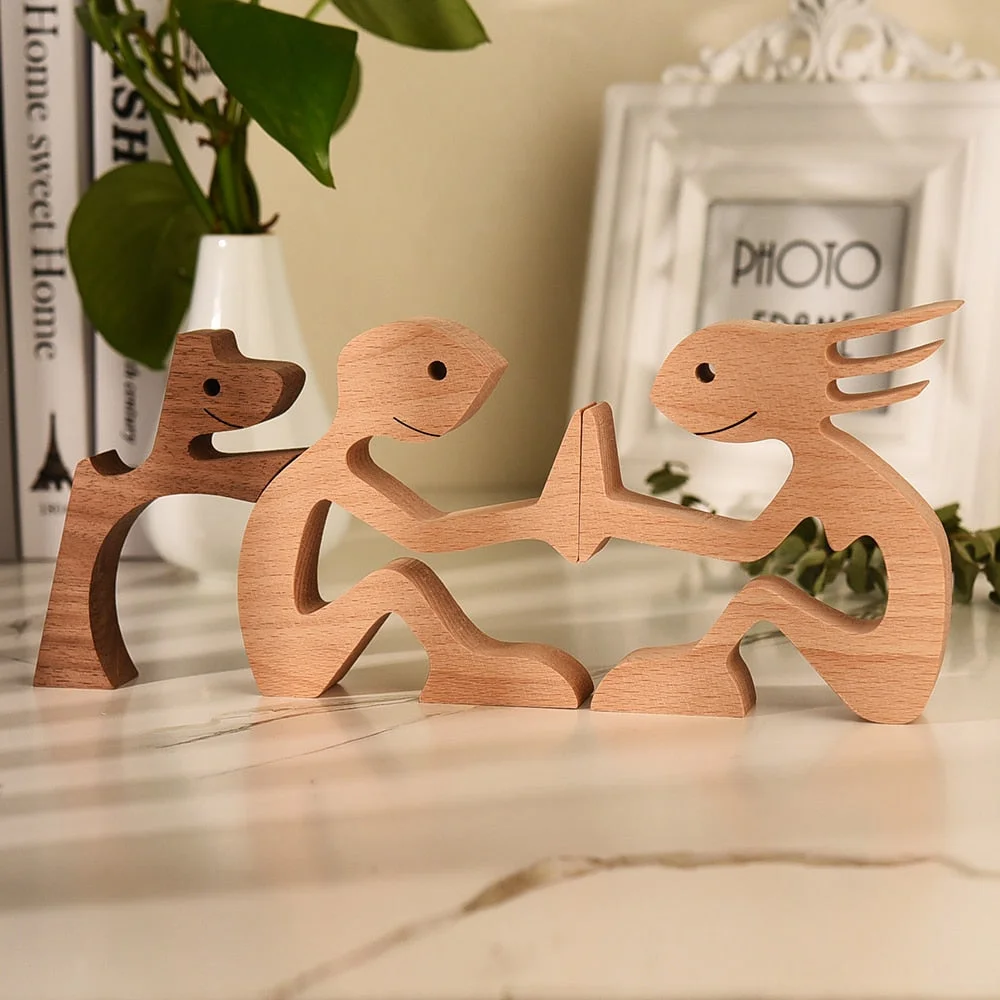 Family Puppy Wood Dog Craft Figurine Desktop Table Ornament Carving Model Creative Home Office Decoration Love Pet sculpture 515-1