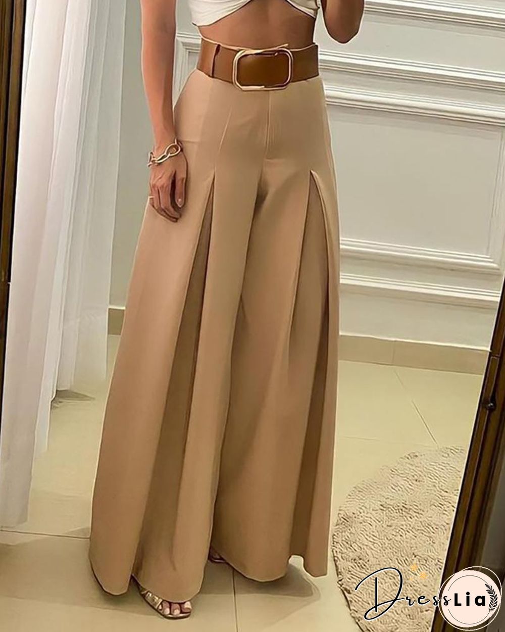 High Waisted Wide Leg Ruched Pants Without Belt