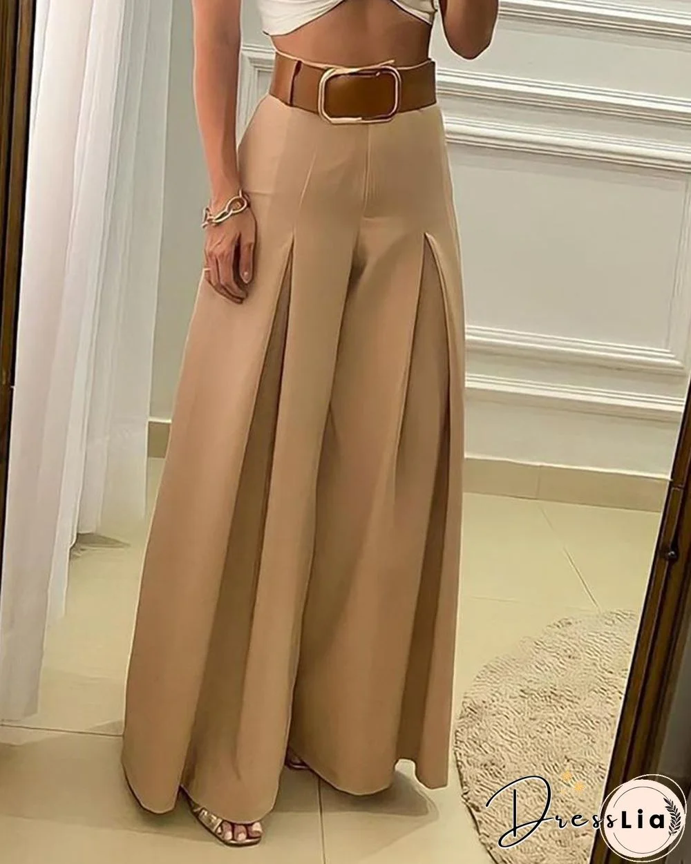 High Waisted Wide Leg Ruched Pants Without Belt